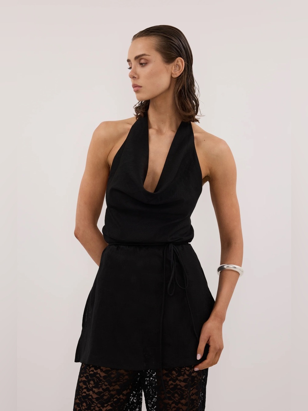 DISSH Black Linen Cowl Neck Tunic Tie Waist Top US 8